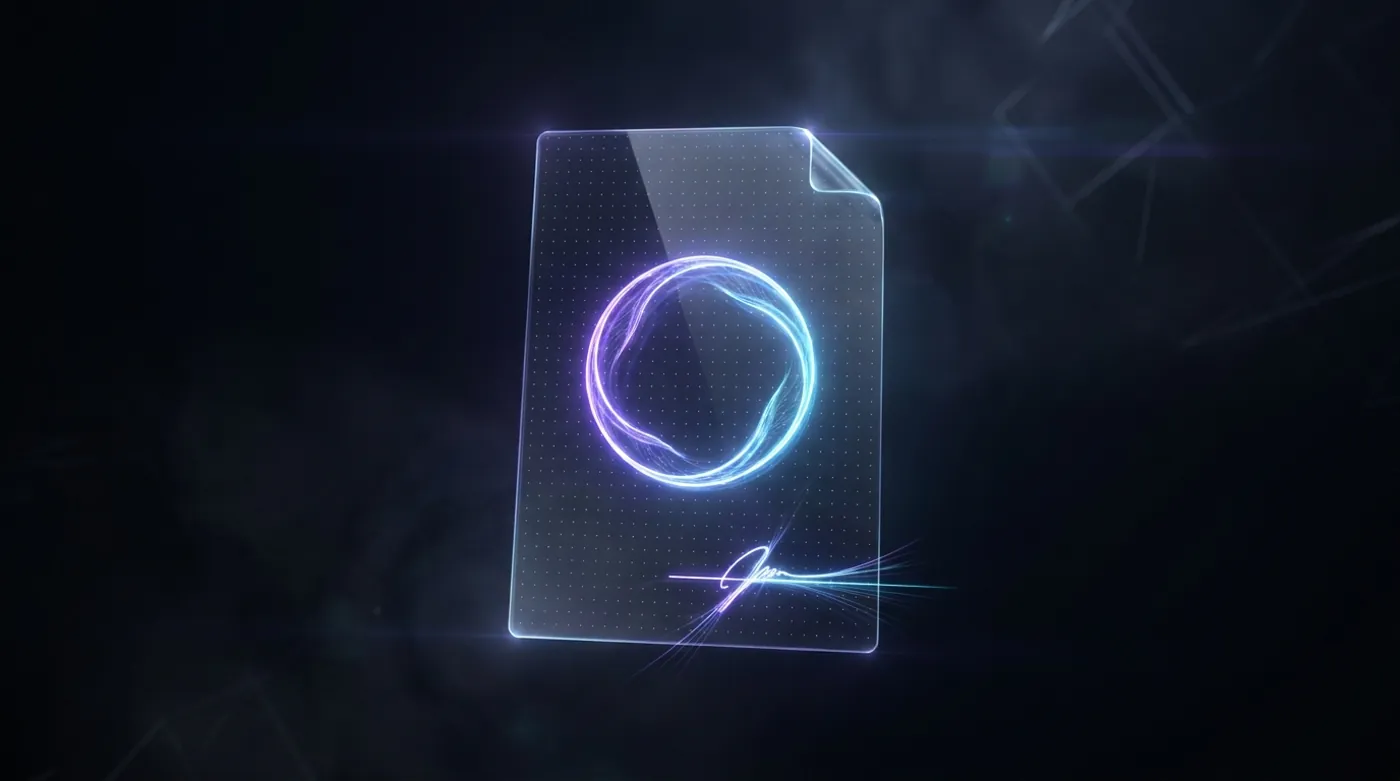 A document sealed and signed with a glowing cryptographic sigil